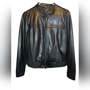 a.n.a Black Leather Bomber Jacket with Standing Collar
